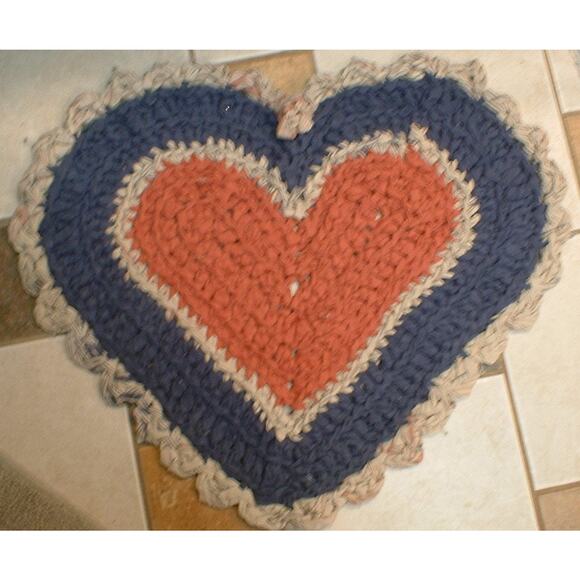 Crocheted Heart Navy, Rust and Tan Rug - Picture 1 of 5